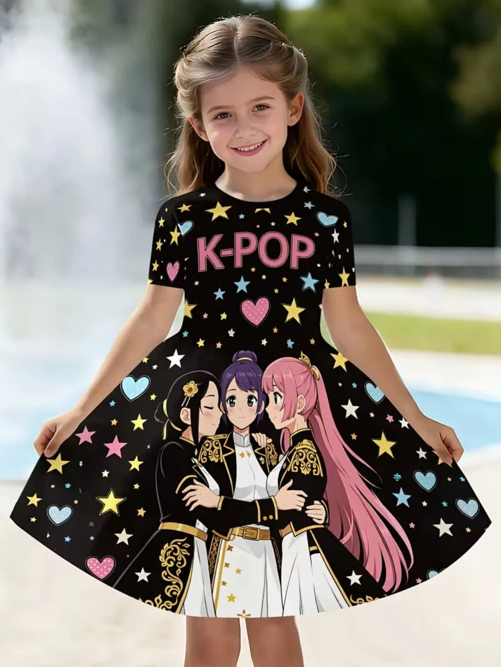 Kpop Cartoon Graphic Dress for Girls Funny Gift for Fan Harajuku Girl Clothes Summer Tops Short Sleeve Dress Children's Clothing Main image
