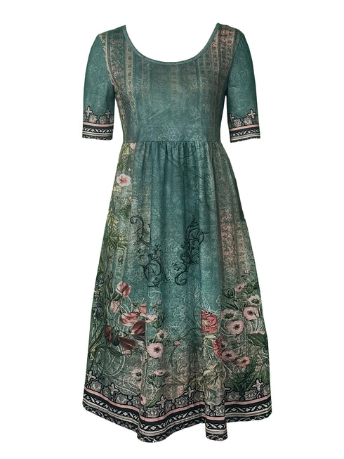 2025 summer new women's Bohemia loose fashion print round neck short sleeve long dress