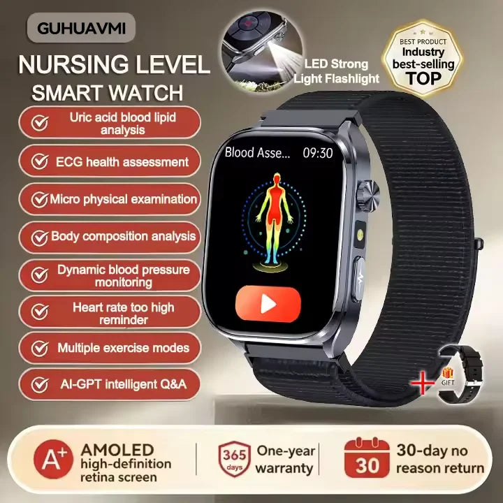 New Health Watch Uric Acid Blood Pressure Blood oxygen Body Analysis Body Fat SmartWatch ECG+PPG Bluetooth call Clock Women Men