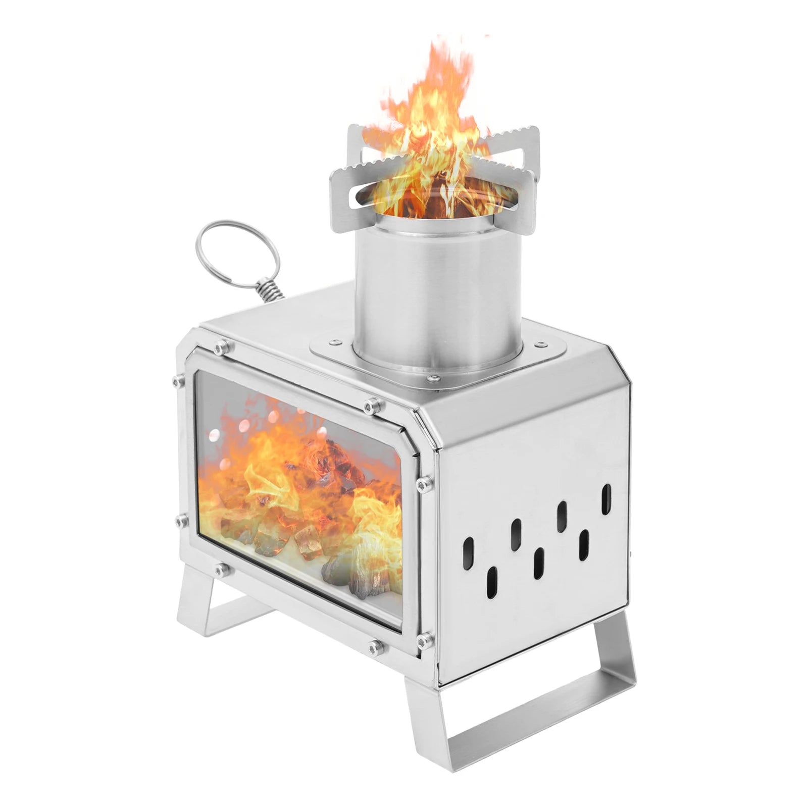 Portable Camping Wood Stove, Mini Stainless Steel Fire Pit for Outdoor Cooking, Hiking, BBQ, with Glass Window & Airflow Vents