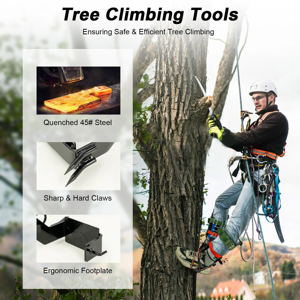 Tree Climbing Tools with Safety Belt 2M Rope 45# Steel Wide Foot Pedal Comfortable Kit for Fruit Picking, Jungle Survival, Black
