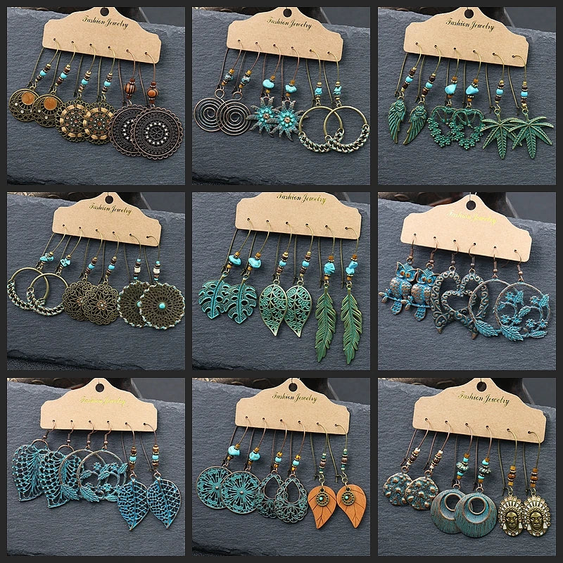 Boho 3Pcs/set Ethnic Leaf Bronze Earrings Set Vintage Hanging Earrings for Women Gypsy Statement Jewelry Accessories Pendientes