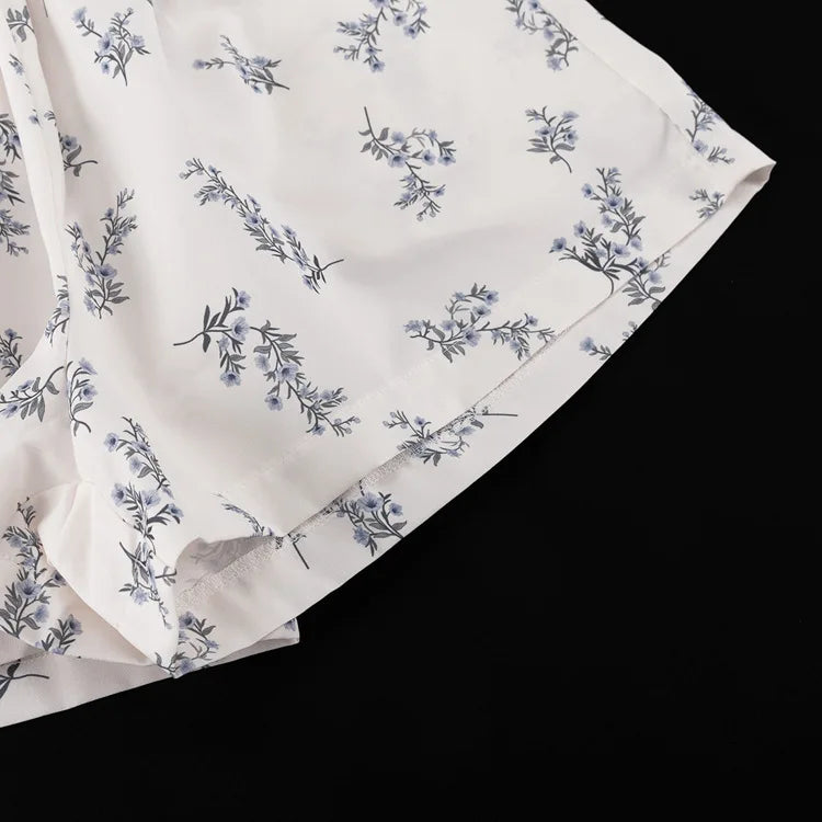 Casual Beige Print Women's Two Pieces Set Fashion Stand Collar Wrist Sleeve Ruffled Shirts And High Waisted Shorts Suit Woman