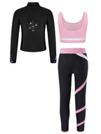 3Pcs Kids Girls Skating Athletic Fitness Workout Tracksuit Sleeveless Vest Top +Pants with Long Sleeve Zipper Sweatshirt Gym Set