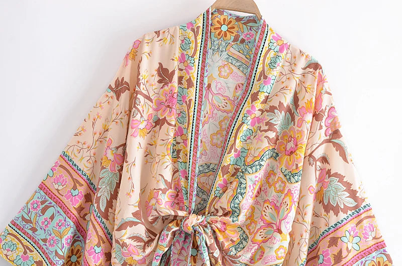 Happie Queens Floral Print Sashes Short  Kimono Women Fashion V Neck Batwing Sleeves Robe Lady Boho Bikini Cover-ups