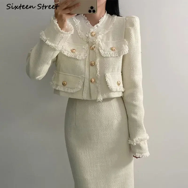 Beige Tweed Jacket + High Waisted Skirts Women Winter  Golden Button 2 Piece Sets Wool Luxury Vintage Skirts Sets Autumn