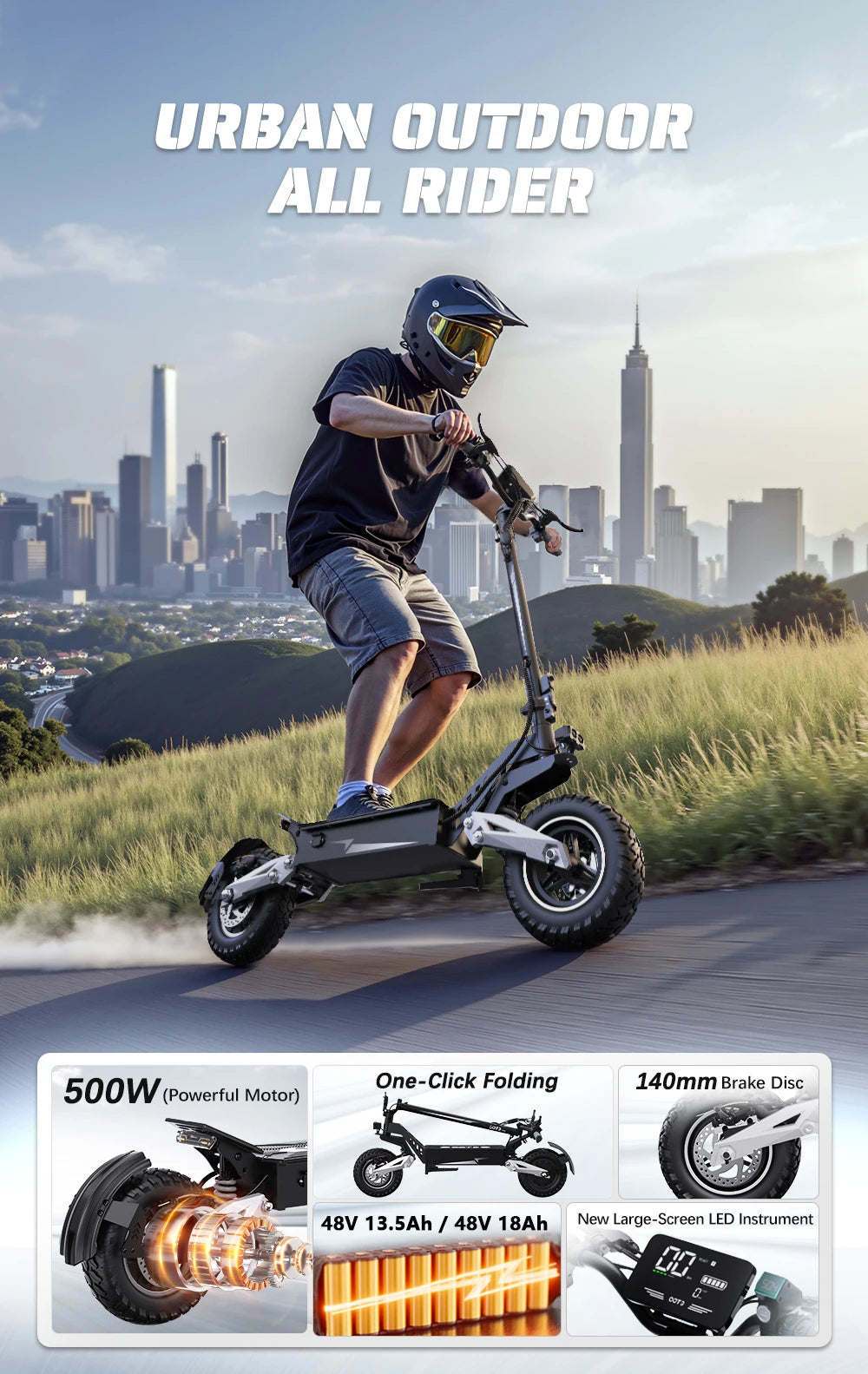 T10 Portable E-Scooter 900W Peak Power 48V 13.5/18 Ah Battery Electric Scooter for Adults 11inch Off-road Tire Scooters Electric