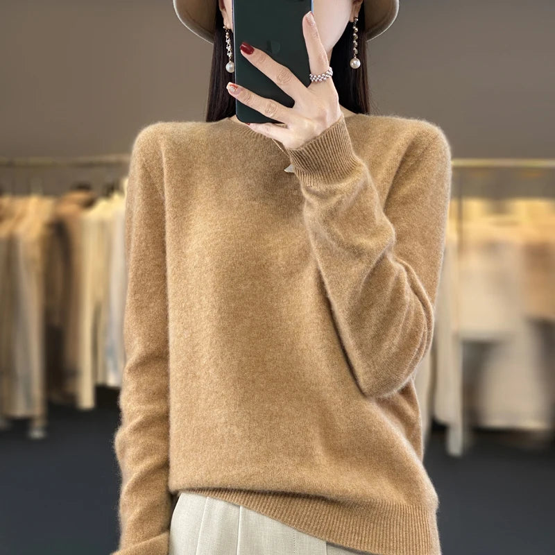 100% Merino Wool Sweater Women O-neck Cashmere Knitwear Female Pullover Autumn Winter Casual Tops Solid Color Soft  Clothing Main image
