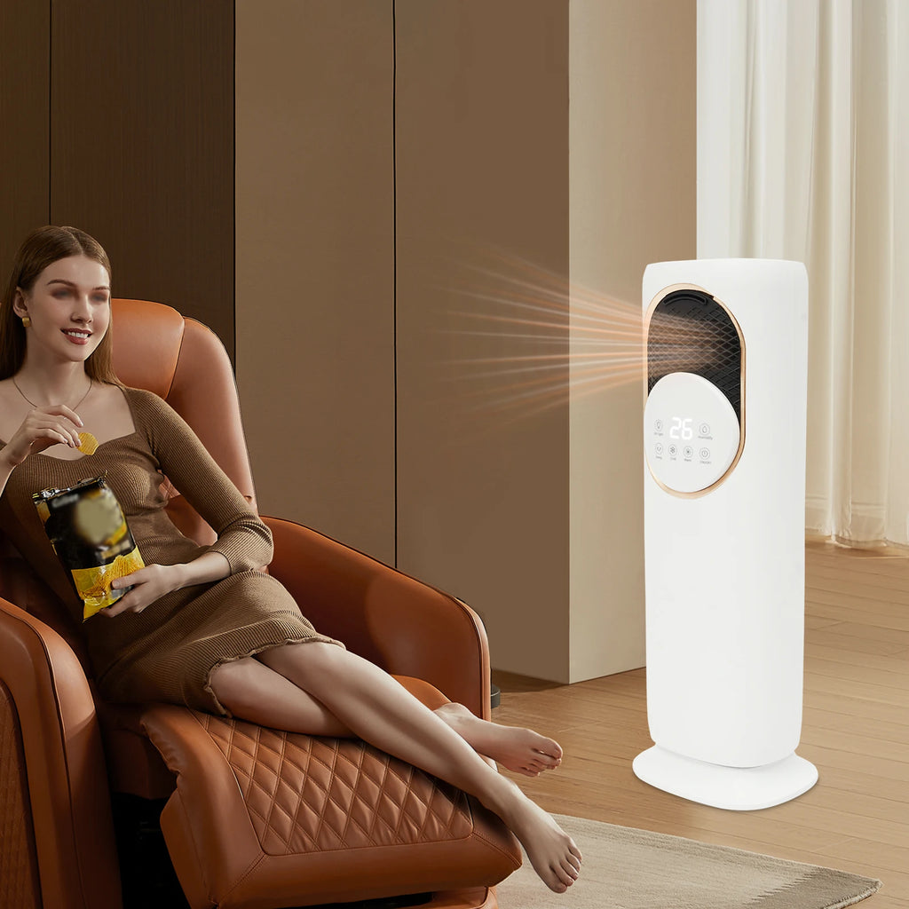 White Modern ABS Freestanding Air Conditioning Fan with Remote Touch Screen Control EU Plug Warm Cool Wind Timing Humidity Fan