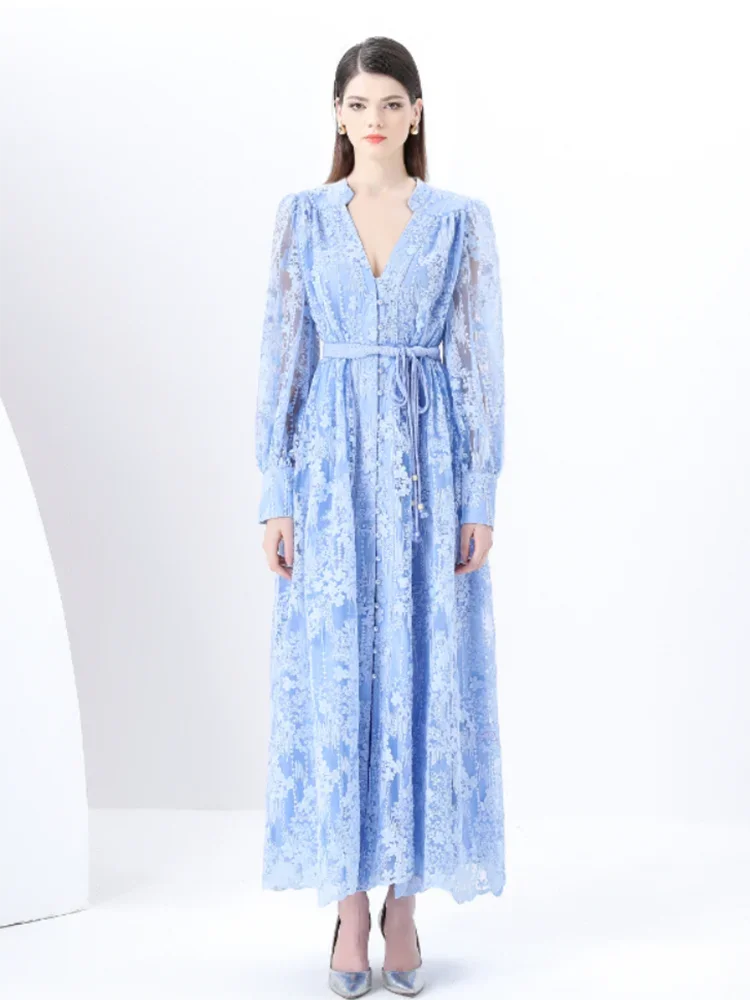 Spring Autumn French High-end Women's Dress New Lace Embroidery V-neck Lantern Sleeves Single Breasted Party Birthday Dress C192