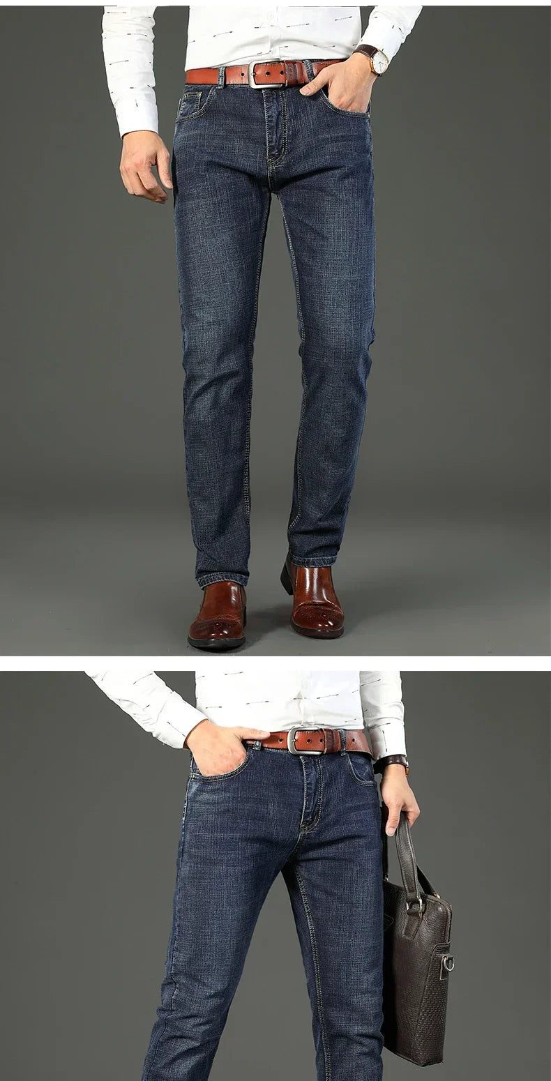 2024  Straight Regular Blue Stretch Denim Trousers Spring Autumn Men Classic Jeans Business Fashion Men's Smart Jeans