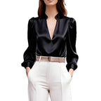 New Women's Satin Shirt V-neck Long-sleeved French Top Fashion Pullover White Simple Office Professional Female Pink Blouses
