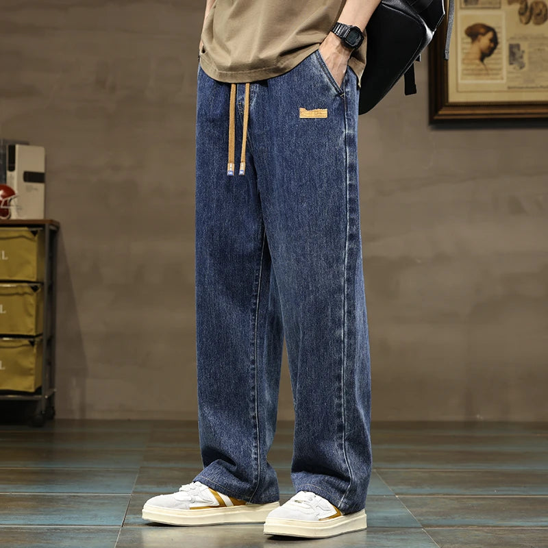 Men Straight Leg Blue Gray Loose Y2K Drawstring Jeans Streetwear Casual Wide Denim Pants Male Baggy Stylish Harajuku Trousers Main image