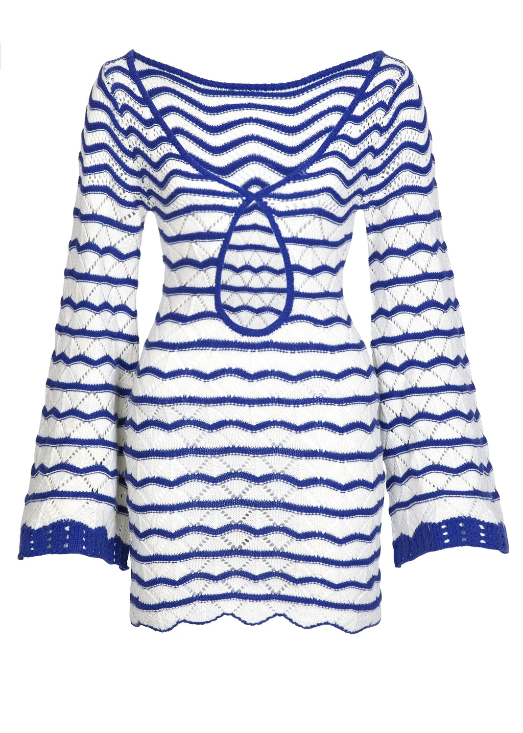 Sexy Boho Striped Chic V-neck Cut Out Bell Sleeve Knit Beach Mini Dress 2026 Summer Women Seaside Holiday Swimsuit Cover Up K123