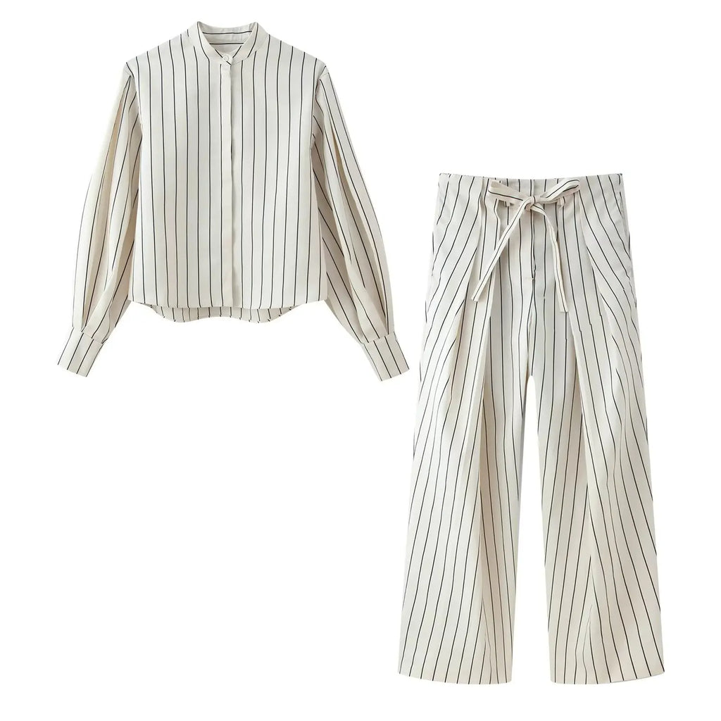 HH Women Spring New Fashion Vintage Versatile Beige Striped Puffy Sleeve Shirt+High Waisted Loose Pleated Casual Long Pants Set