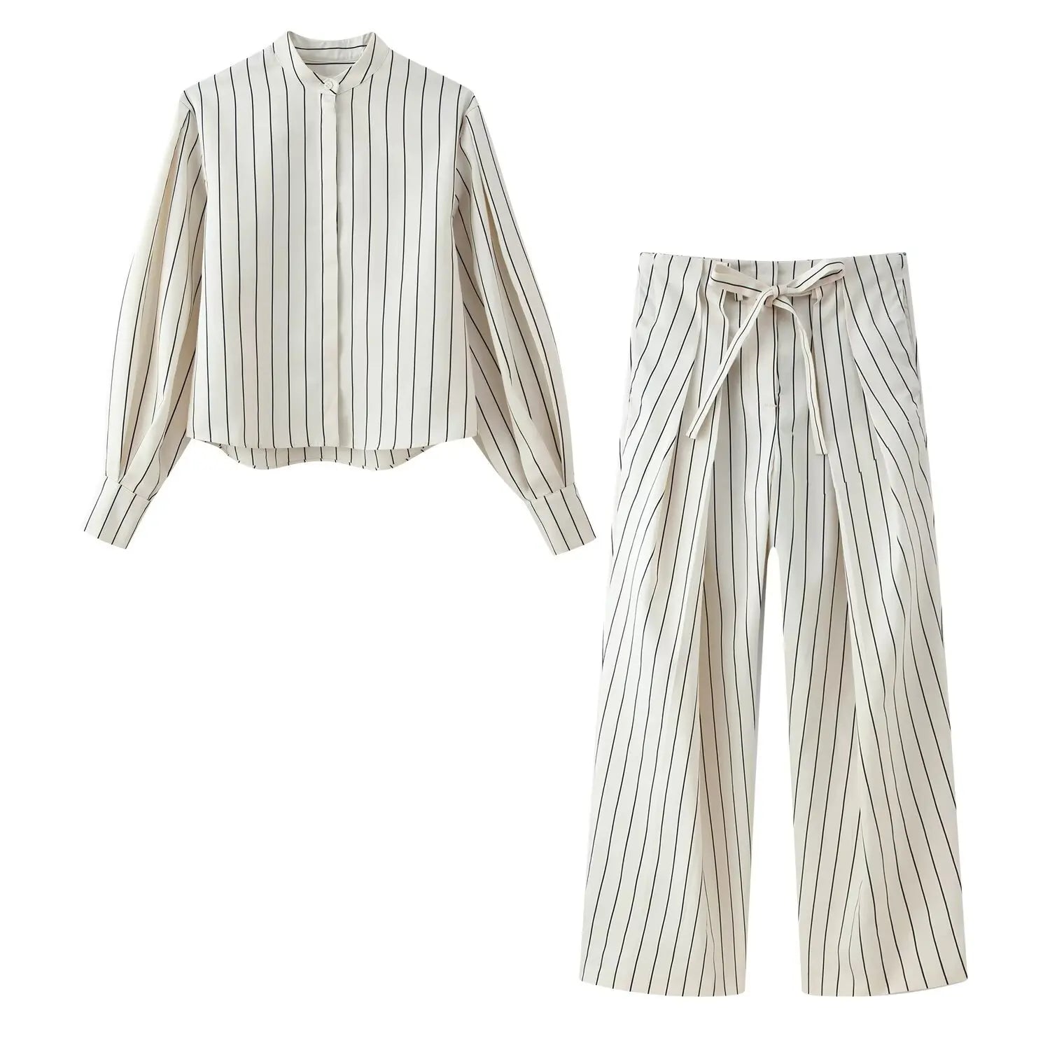 HH Women Spring New Fashion Vintage Versatile Beige Striped Puffy Sleeve Shirt+High Waisted Loose Pleated Casual Long Pants Set