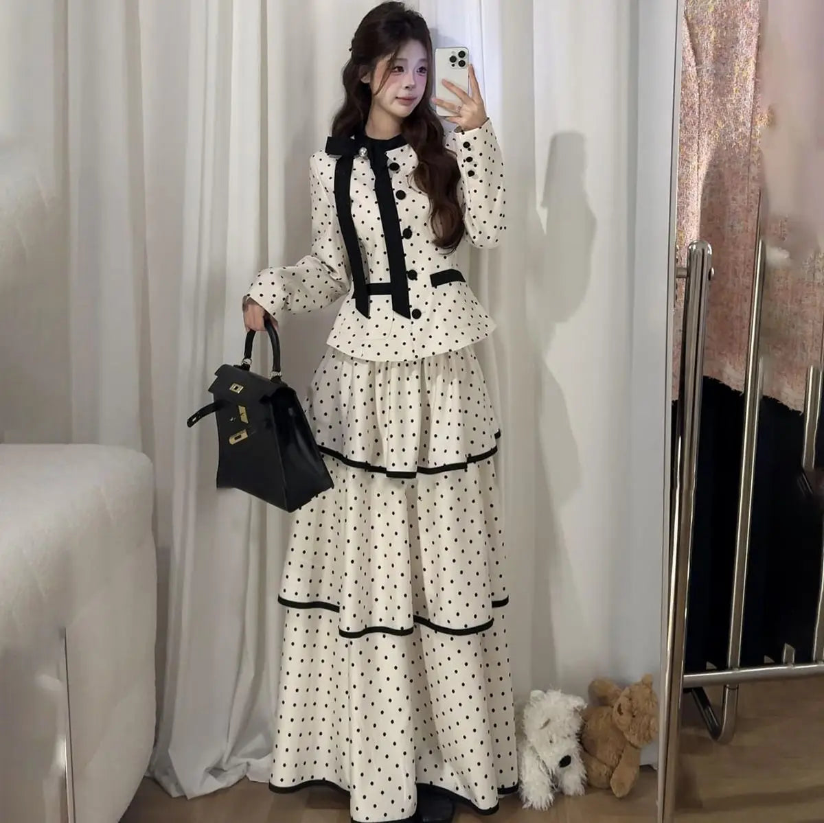 Korean Fashion Elegant Beige Polka Dot Women Set Long-sleeved Single Button Top High Waist A-line Ruffled Tiered Long Skirt 2pcs