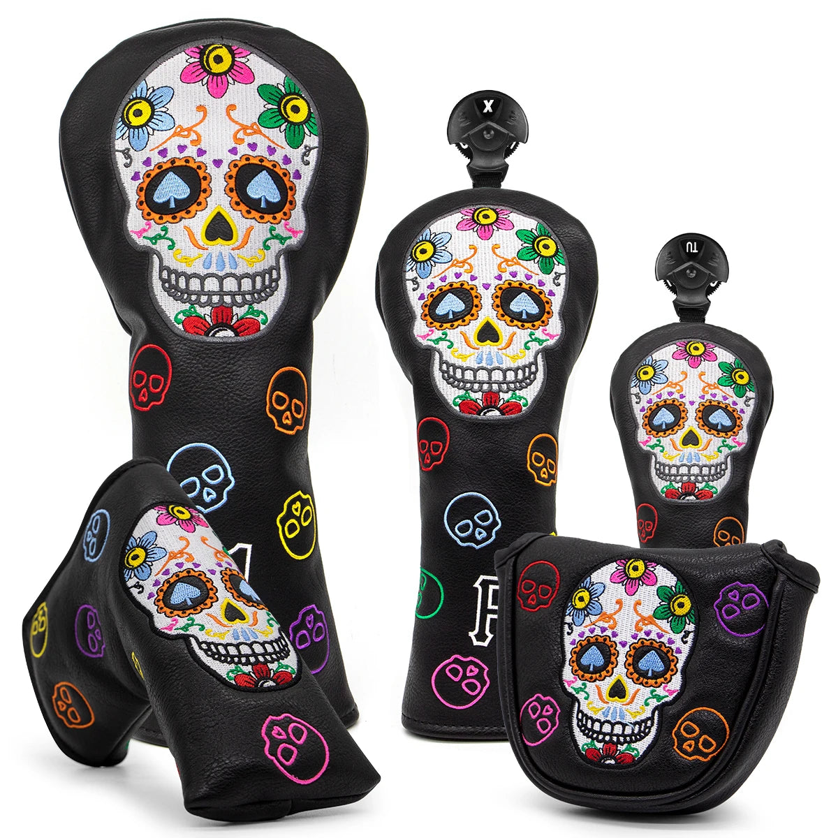 Golf Club Headcovers #1 #3 #5 Wood Head covers Skulls Design Driver Fairway Hybrid Woods Headcover Black PU Premium Leather Head Main image