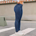 Women High Waist Stretch Denim Jeans Hip Lifting Skinny Pencil Pants Ladies Full Length Slim Solid Color Trousers