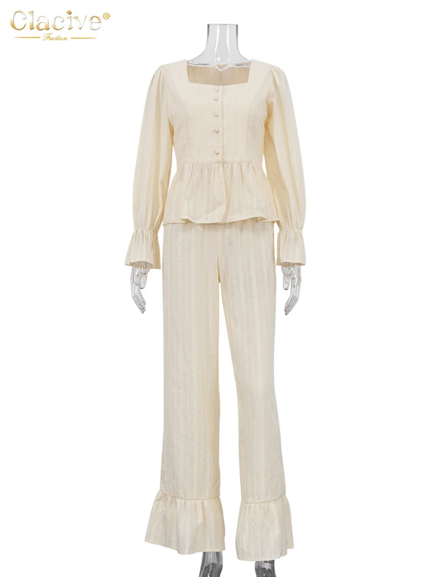 Clacive Fashion Loose Beige Cotton 2 Piece Set Women Elegant Long Sleeve Shirt With High Waist Wide Pants Set Female Clothing