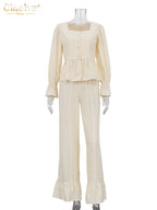 Clacive Fashion Loose Beige Cotton 2 Piece Set Women Elegant Long Sleeve Shirt With High Waist Wide Pants Set Female Clothing
