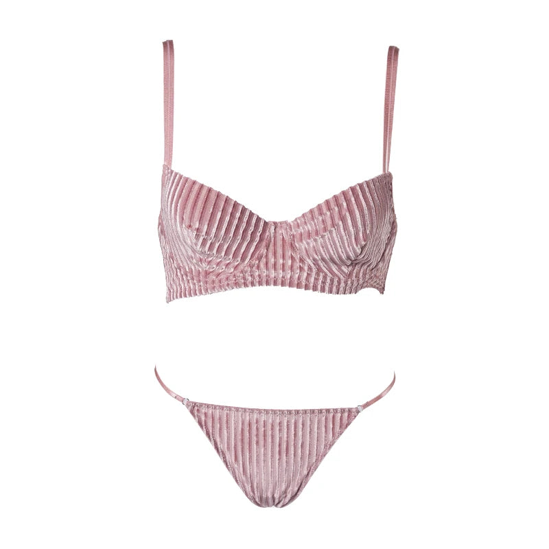 Hot Sale V-shape Underwire Ribbed Women Bra and Briefs Set Polyamide Women Underwear Sets Push-up Bra and Thongs Set