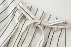 HH Women Spring New Fashion Vintage Versatile Beige Striped Puffy Sleeve Shirt+High Waisted Loose Pleated Casual Long Pants Set