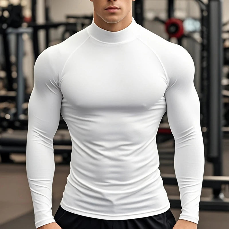 Plain Tight Absorb Sweat Elastic Shirts Gym Bodybuilding Fitness Turtleneck T-shirts Mens Long Sleeve Quick Dry Autumn Clothing Main image