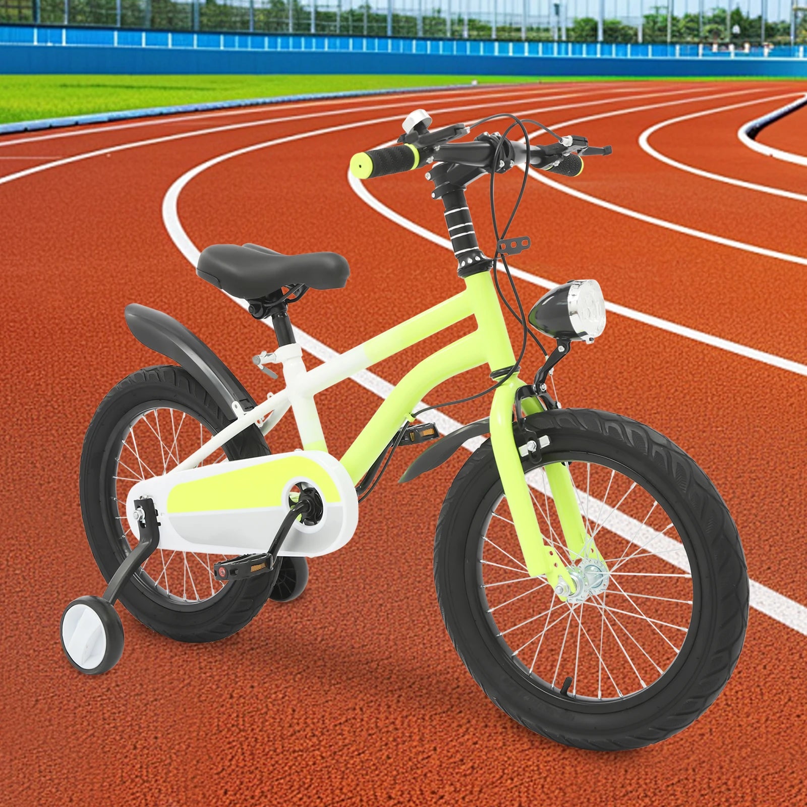 16 Inch Children's Bicycle Carbon Steel Mountain Bike with Auxiliary Wheels & LED Light for 5-8 Years Old,Height Adjustable,60Kg