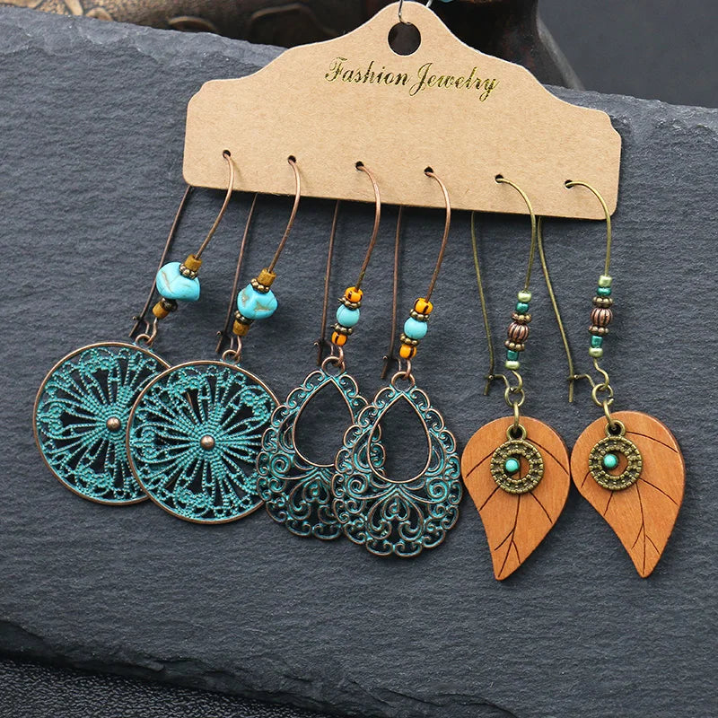 Boho 3Pcs/set Ethnic Leaf Bronze Earrings Set Vintage Hanging Earrings for Women Gypsy Statement Jewelry Accessories Pendientes