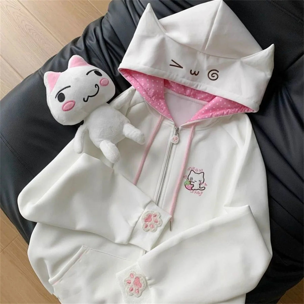 Ropa Cute Hoodies Coats Cartoon Cute Cat Ear Print Hooded Sweatshirts Y2K Tops Women Clothing Casual Zipper Loose New Hoodie