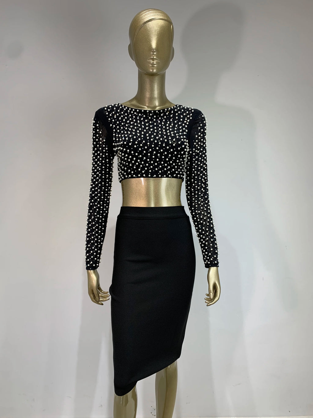 Sexy O Neck Long Sleeve Mesh Pearl Beige Black Celebrity Midi Women Bandage Set 2024 Designer Evening Party Women's Set