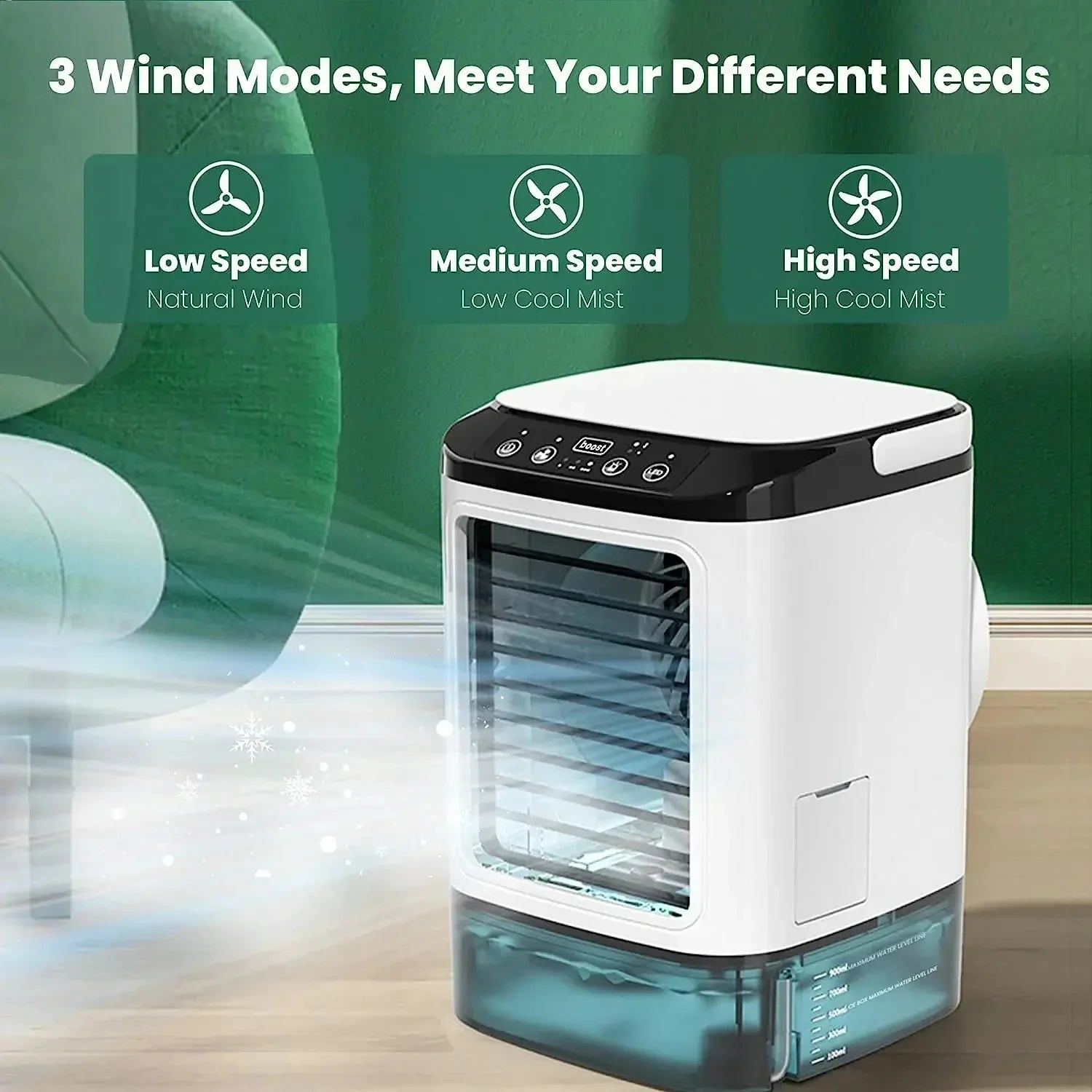 Portable Air Conditioner 3 Speed Mini AC Unit With Dual Mist Ice Box 900ML Water Tank Humidifier For Bedroom Office