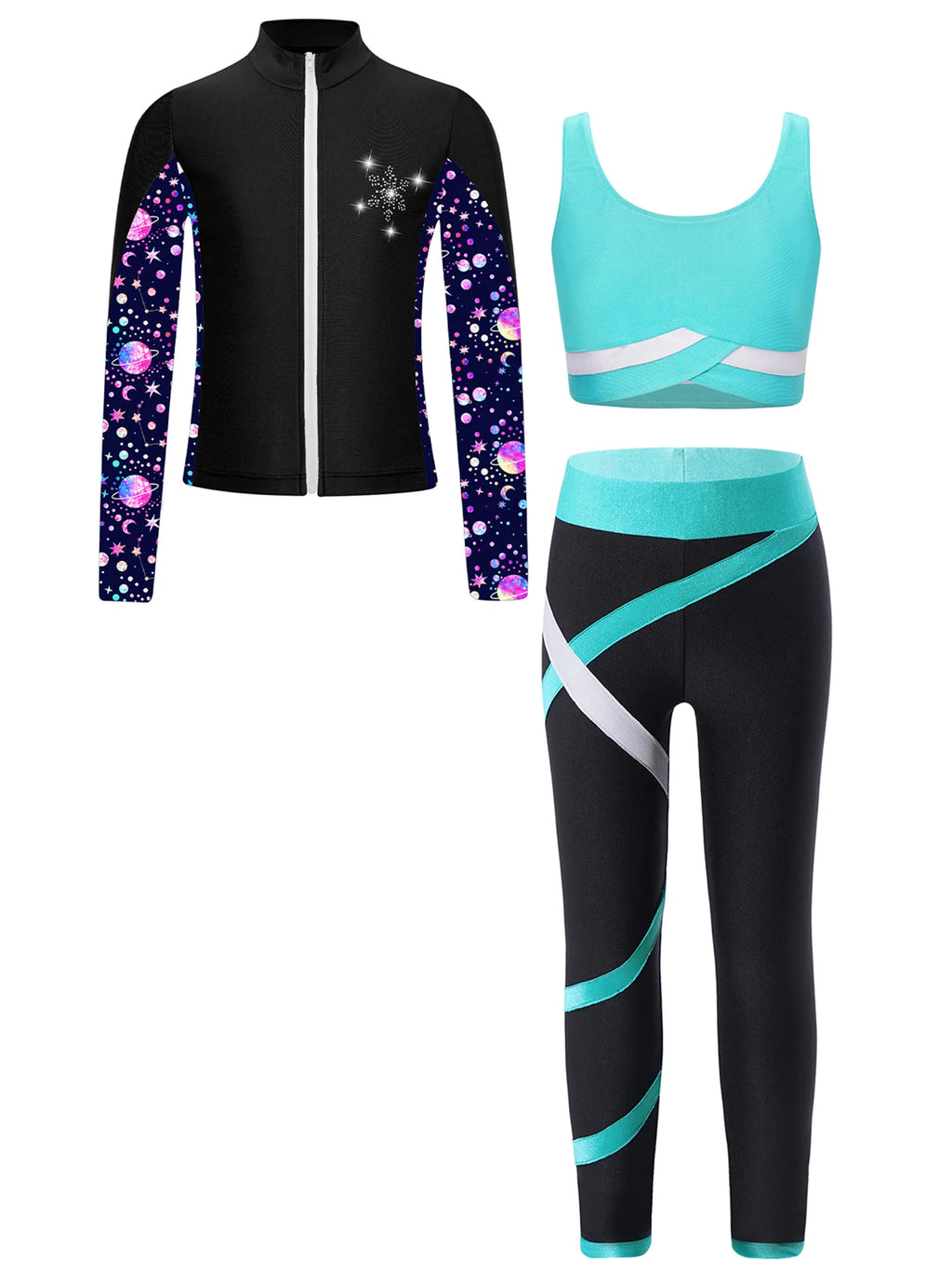 3Pcs Kids Girls Skating Athletic Fitness Workout Tracksuit Sleeveless Vest Top +Pants with Long Sleeve Zipper Sweatshirt Gym Set