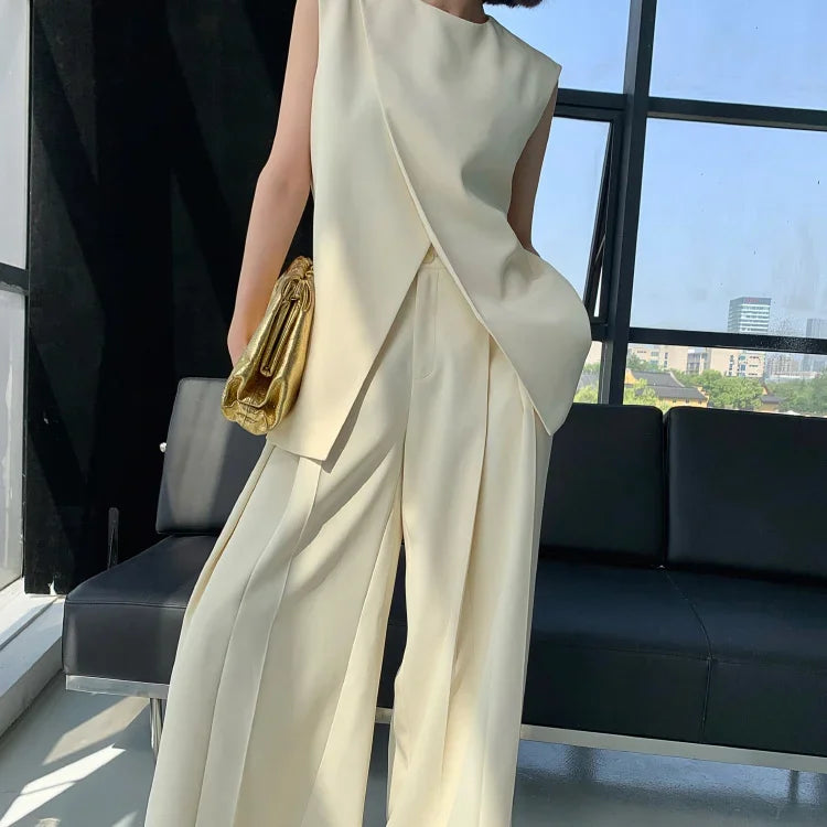 Beige two-piece suit women's summer 2024 new irregular fashion sleeveless vest top high waist wide-leg pants suit