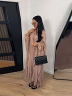 Maxi Dress Women's Dresses Batwing Sleeve Beige Ruffle Tie Neck Pleated Oversized Woman Clothes Casual Wear Summer Outfit
