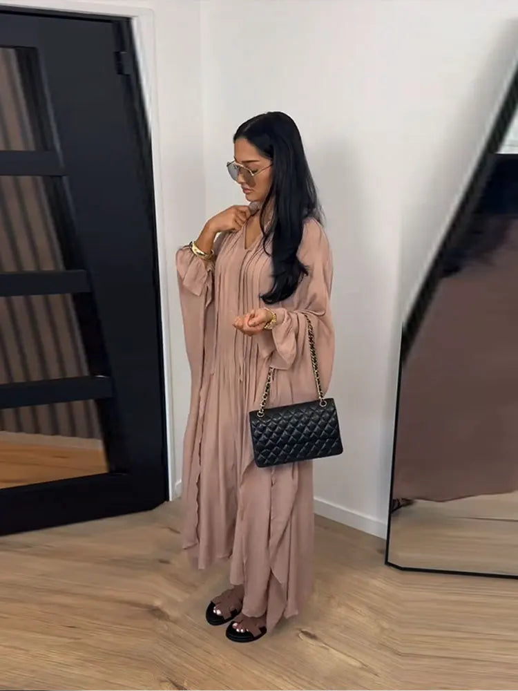 Maxi Dress Women's Dresses Batwing Sleeve Beige Ruffle Tie Neck Pleated Oversized Woman Clothes Casual Wear Summer Outfit