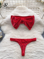 SINGREINY Christmas Erotic Lingerie Suits Ladies Strapless Bodycon Short Sleepwear Fashion Velvet Bow Sensual Underwear Sets