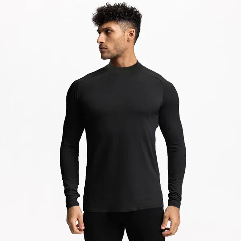 Plain Tight Absorb Sweat Elastic Shirts Gym Bodybuilding Fitness Turtleneck T-shirts Mens Long Sleeve Quick Dry Autumn Clothing