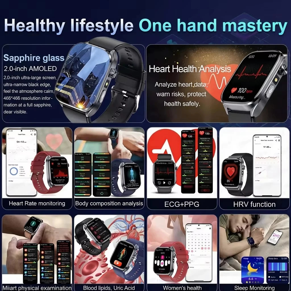 New Health Watch Uric Acid Blood Pressure Blood oxygen Body Analysis Body Fat SmartWatch ECG+PPG Bluetooth call Clock Women Men