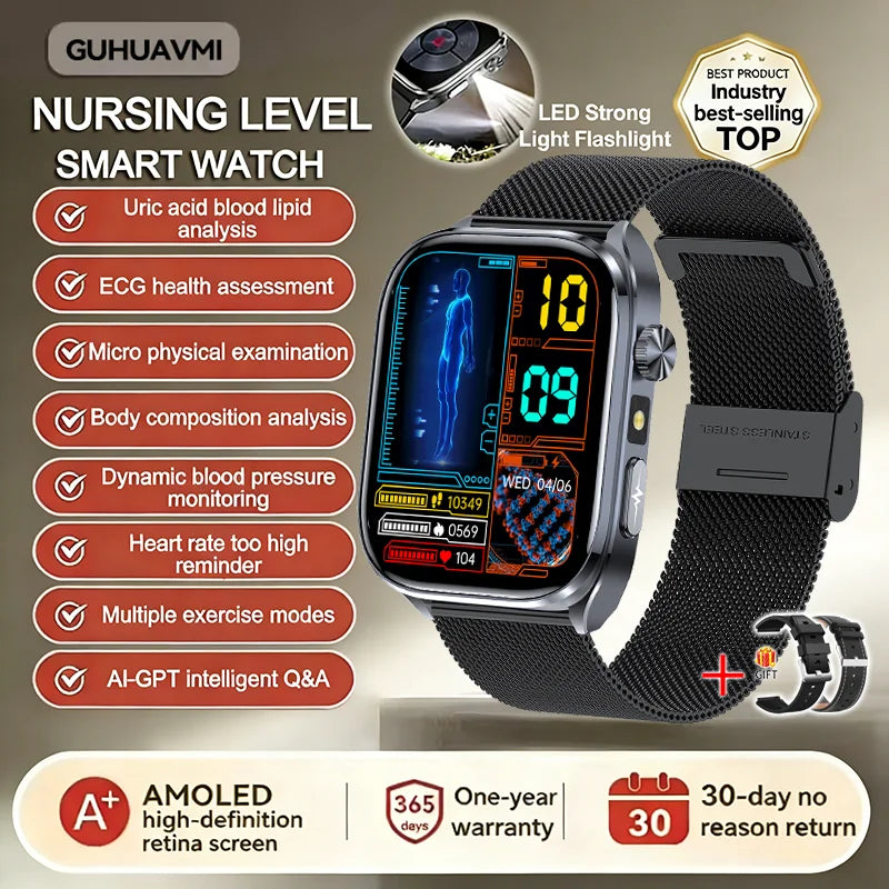 New Health Watch Uric Acid Blood Pressure Blood oxygen Body Analysis Body Fat SmartWatch ECG+PPG Bluetooth call Clock Women Men