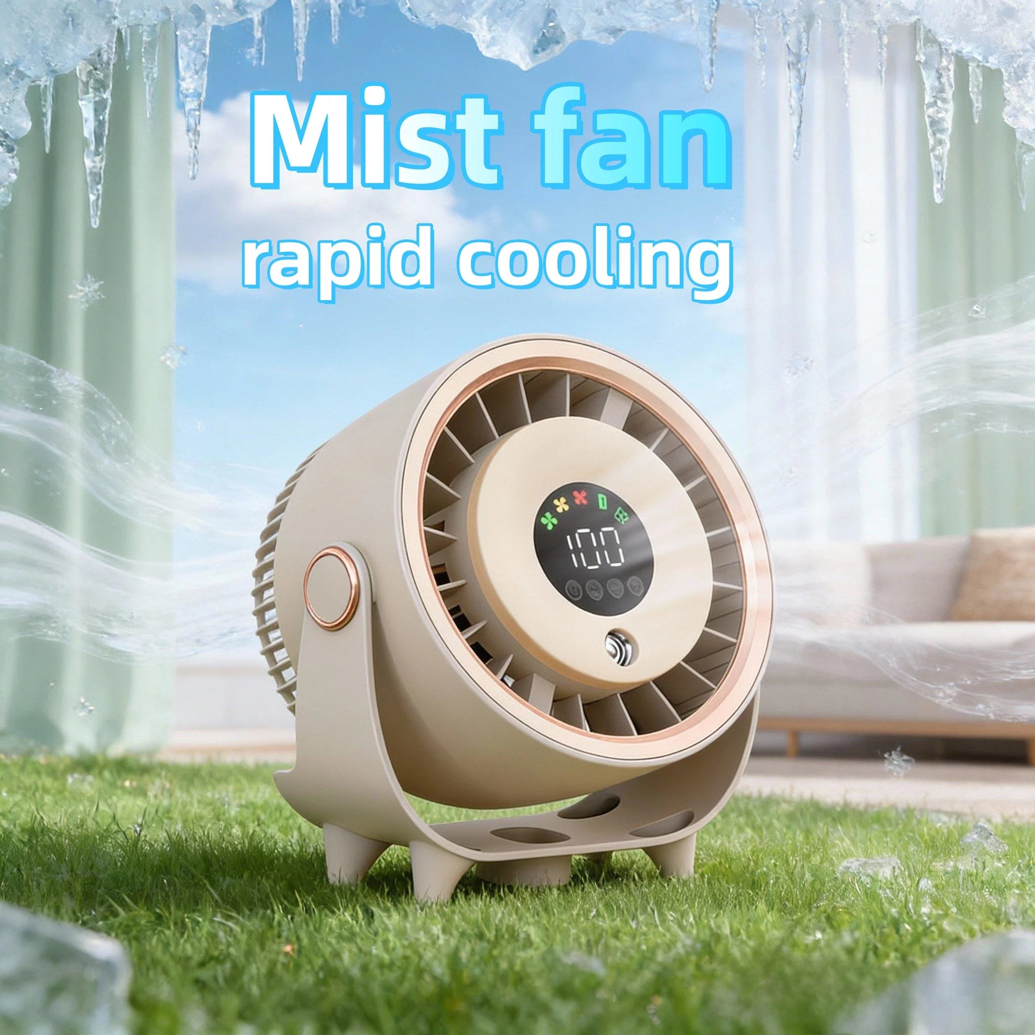 New Misting Fan Humidifying Rapid Cooling Hanging Hole Low Noise Digital Display Button Controlled Speed Fine Absorbable