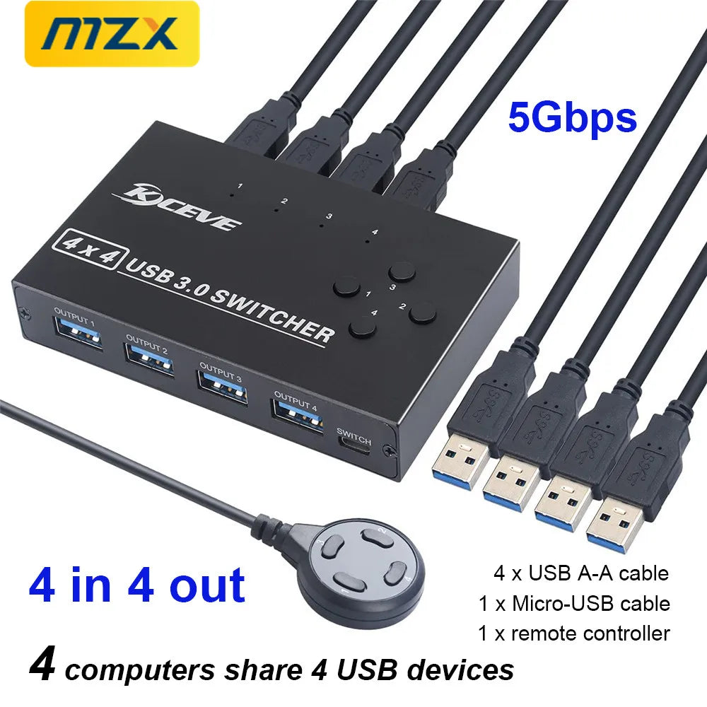 MZX 4x4 USB 3.0 Switch Selector KVM Switcher Hub 3 0 Cable PC Laptop Computer Share USB Devices Keyboard Mice Printer KVM Switch