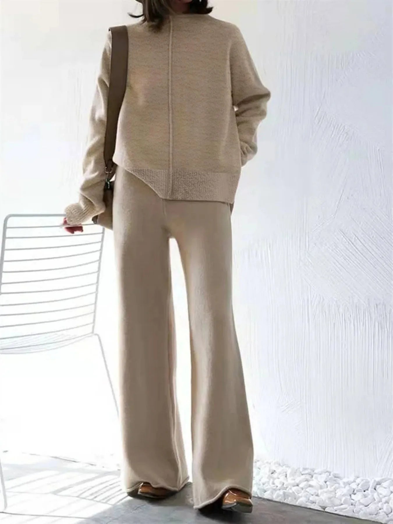 Women's Beige Oversized Knit Two-Piece Set with Half-Zip Sweater And Wide-Leg Pants Casual Loungewear