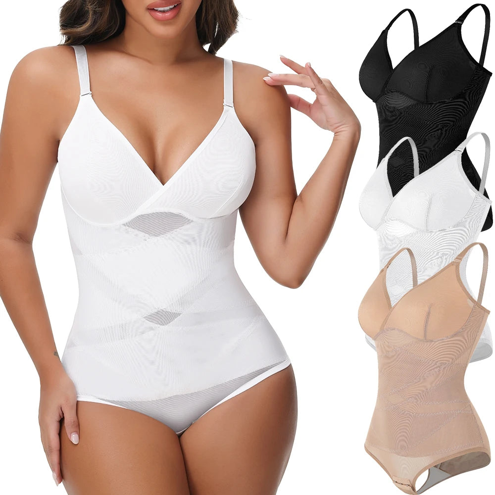 Cross Waist Tummy Control Body Shaping Bodysuit for Women Full Body Control V-Neck Mesh Breathable Briefs Underwear Butt Lifter Main image