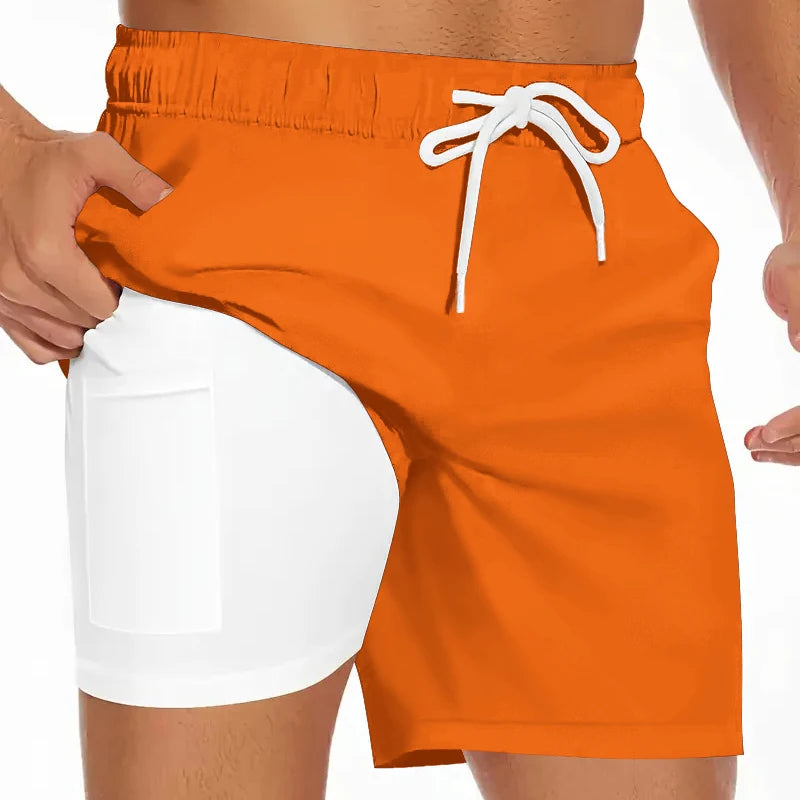Mens Swim Trunks with Compression Liner Phone Pocket Summer Quick Dry Board Shorts Beach Shorts Swimwear Swimsuit Bathing Suits