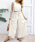 Women's Beige 2-Piece Set Sleeveless Crop Top And Wide Leg Pants Spring Summer Casual Commuting Vacation Outfit