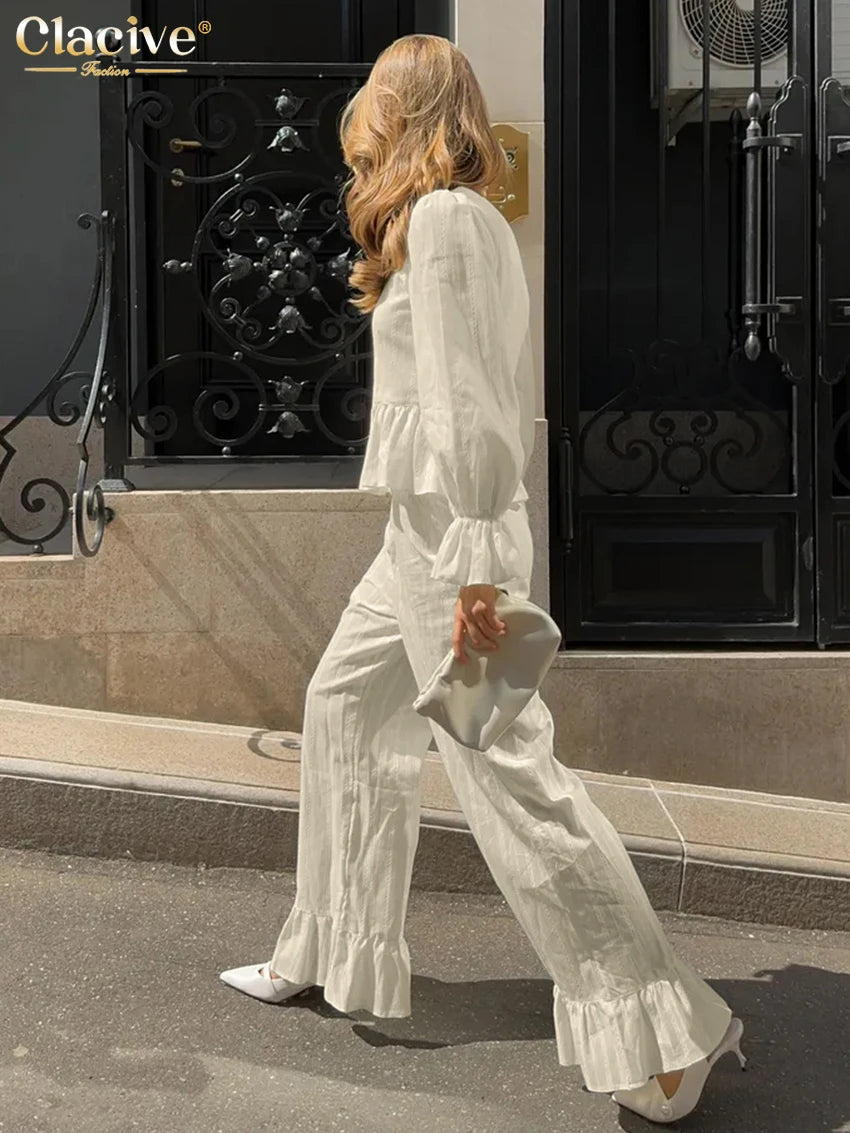 Clacive Fashion Loose Beige Cotton 2 Piece Set Women Elegant Long Sleeve Shirt With High Waist Wide Pants Set Female Clothing