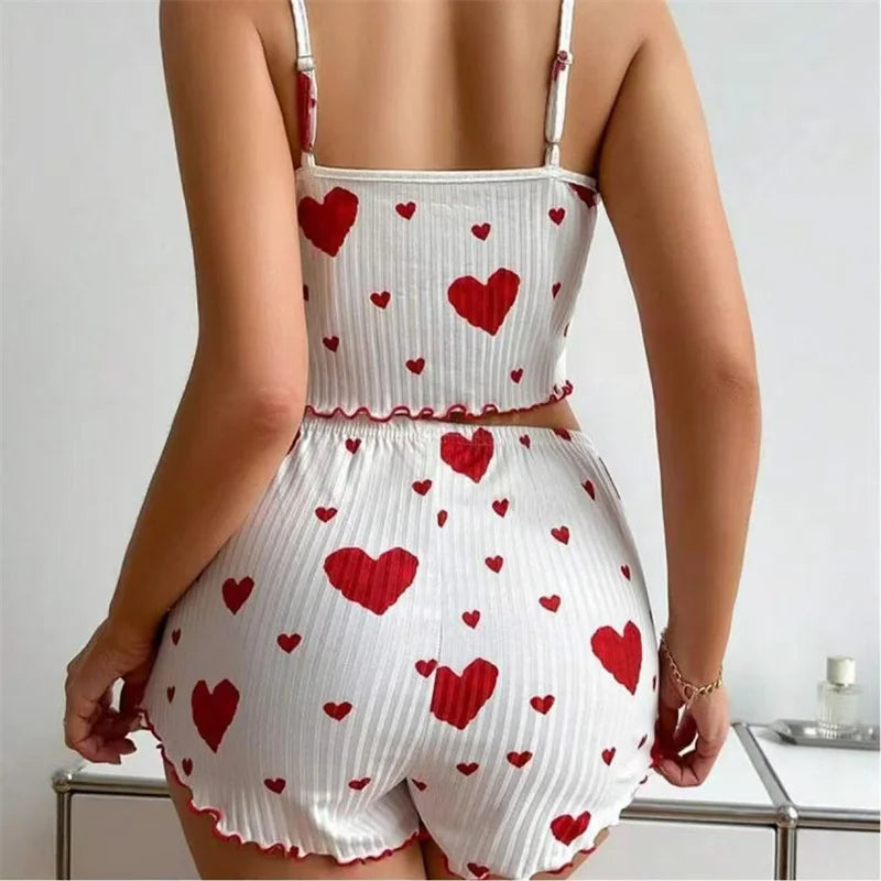5 Size Choose S M L XL 2XL Women's Pajamas Set Straps Sleepwear Vest + Shorts Red Heart Print Nightwear Sexy Lingerie Secondary image