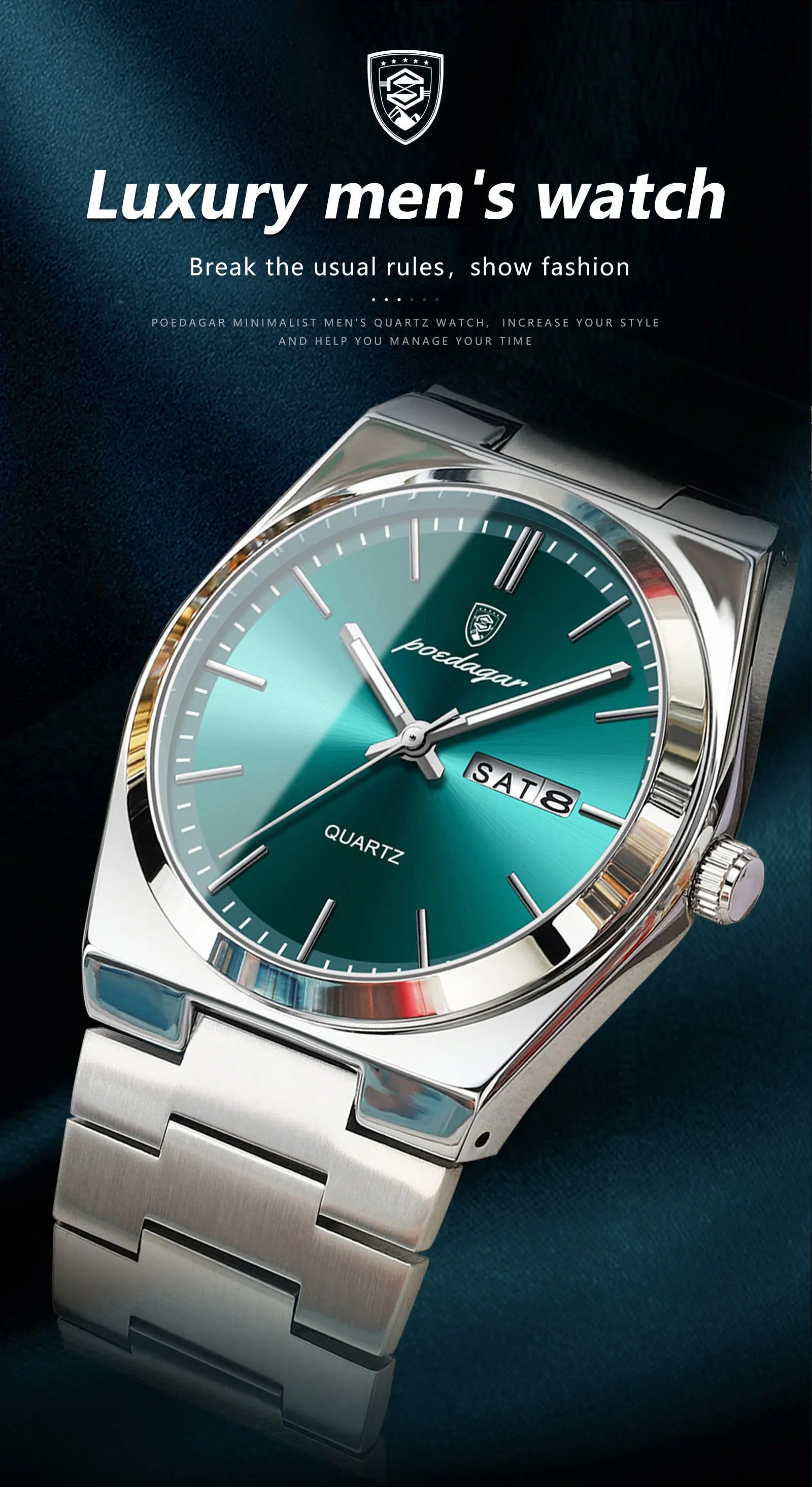 POEDAGAR Luxury Men's Watches Waterproof Luminous Date Week Men Watch Stainless Steel Casual Fashion Quartz Man Wristwatch Reloj